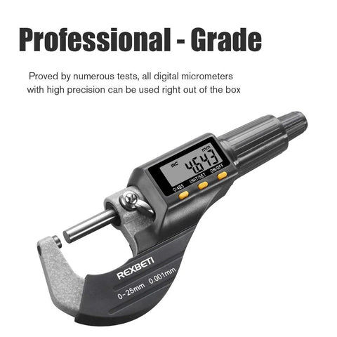Digital Micrometer For Inch And Metric Measurements With 0 To 1 Inch Range And 0.00005 Inch Or 0.001 mm Resolution shown on LCD display