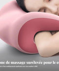 Person using pink Neck Pillow For Office And Gaming Chair With Secure C Shaped Clamp Headrest Cushion For Neck Support Pressure Relief Desk Nap Pillow Multi Function Comfort For Long Chill Sessions Pink