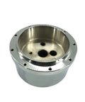 Steering column hub, polished stainless steel with 9-hole wheel adapter and 32-inch tilt, close-up view