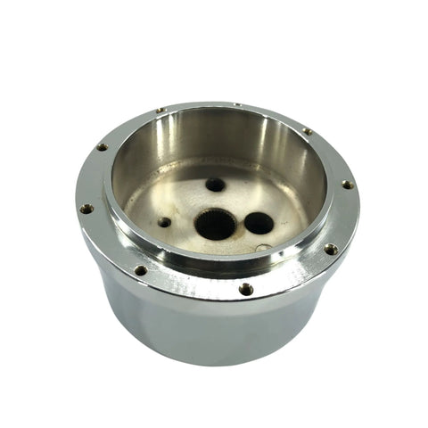Steering column hub, polished stainless steel with 9-hole wheel adapter and 32-inch tilt, close-up view