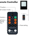 JUDYSSY Solar Floodlight Outdoor remote controller with dimming buttons, timer settings for adjustable brightness, and range.