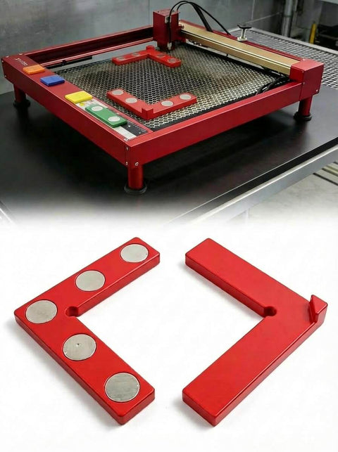 Five-Magnet Laser Honeycomb Bed Alignment Tool With Easy Lift Tab Rock-Solid Neodymium Magnetic Grip shown on laser bed
