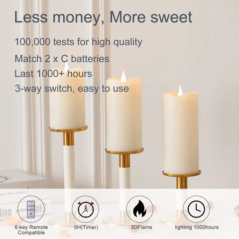 Flameless LED Candles With Remote Control And Timer, 3D Moving Wick Flicker, Battery Powered Pillar Candles In Ivory Real Wax, 3 By 5 Inches