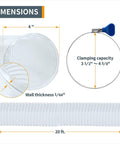 Diagram of Must-Have 4-Inch by 20-Foot Flexible PVC Dust Collection Hose with dimensions and stainless steel thumb-screw clamp.