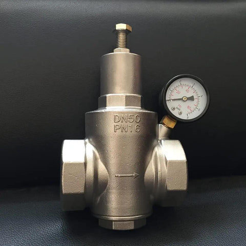 Heavy Duty 304 Stainless Steel Water Pressure Regulator With Gauge Built Tough Piston Design For Steady Flow No Fuss Setup Rust Resistant Dn15 To Dn50 Pipe Sizes showing DN50 regulator with pressure gauge.