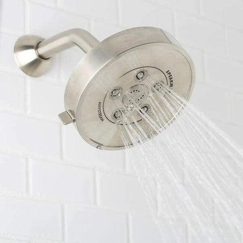 Neo Anystream 3 In 1 Shower Head With Self Cleaning Plungers Brushed Nickel Finish 2.5 GPM in use on tiled wall