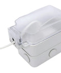 Real Deal Weatherproof Electrical Box Paired With A Beefy 20A Duplex Outlet NEMA 5 20R Surface Mount UL Listed Hang Tough Kit for outdoor use in a clear IP66 enclosure.