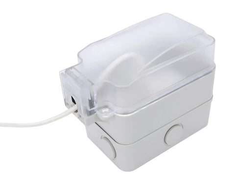 Real Deal Weatherproof Electrical Box Paired With A Beefy 20A Duplex Outlet NEMA 5 20R Surface Mount UL Listed Hang Tough Kit for outdoor use in a clear IP66 enclosure.