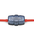 Mini ANL Inline Fuse Holder Set of 5 With Wire Reducers 4 8 Gauge Fuse Block forged brass housing close-up with red wire.