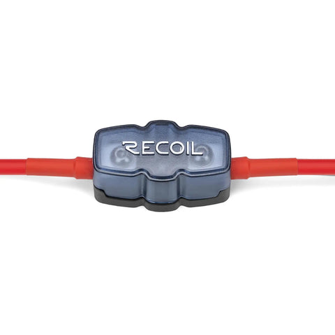 Mini ANL Inline Fuse Holder Set of 5 With Wire Reducers 4 8 Gauge Fuse Block forged brass housing close-up with red wire.