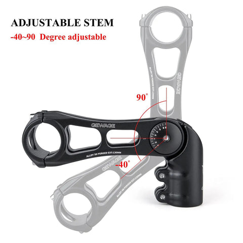 130 Degree Adjustable Dialed In Bicycle Stem shown with angle adjustment from -40 to 90 degrees for precise handlebar alignment.