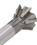 Close-up of 25mm dovetail milling cutter, 6-flute carbide end mill with 60° straight shank for ferrous and nonferrous metals