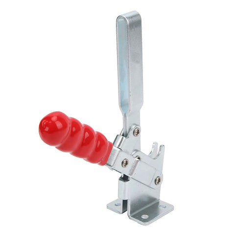 Workhorse Welding Toggle Clamp Downstroke Fixture With 182Kg Holding Force Galvanized Vertical Clamp For Rock Solid Workholding Elbow Style Hand Tool GH12205 For Metal Fabrication, red handle close-up