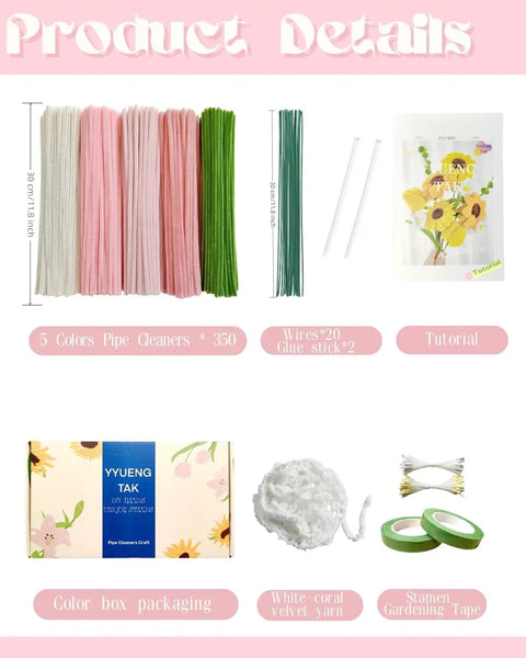 Dope 350 Piece Pipe Cleaner Flower Kit With Tutorial, Five Color Options, yarn, green wires, floral tape, included items