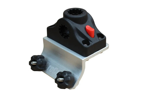 Power Lock 45 Degree Track Rod Holder For Lund Sport Track G3 Crestliner SureMount War Eagle Excel Boats - Marine Grade Aluminum, CNC Processed Nylon Lock, Durable, Easy Install, Fits Most Bow Gunnel Track Systems. 45-degree boat track rod holder, aluminum with nylon lock, angled side view