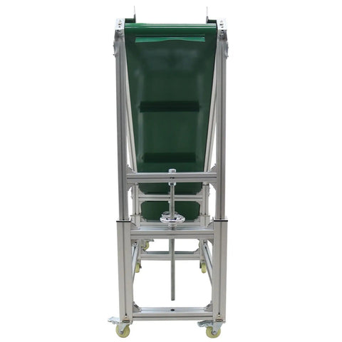 Front view of Electric Inclined Climbing Conveyor Belt With Baffle, Heavy Duty Industrial Belt Conveyor System, 78.7 By 11.8 Inch Aluminum PVC Belt, 110V, 250W Motor, Height Adjustable