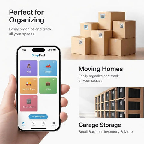 AI Auto Tagged QR Code Labels For Storage Bins And Moving Containers, 48 Color Coded Stickers, No Typing Needed Just Snap A Photo And Let The App Tag It, Works On iOS And Android, Streamlined Home And Office Organization displayed with SnapFind app.