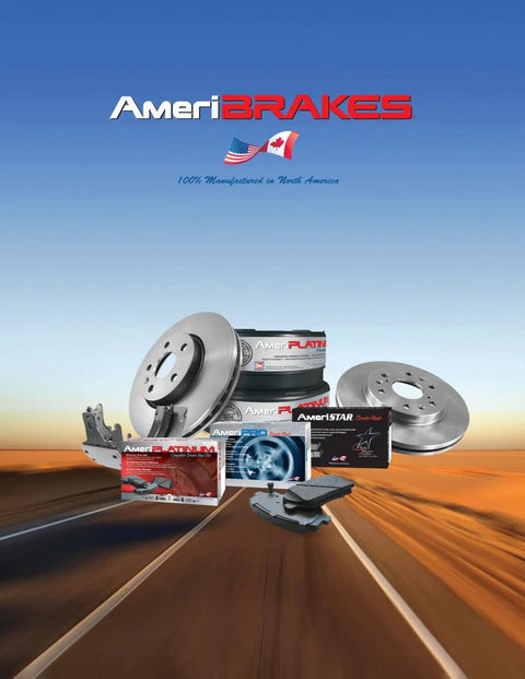 Brake components including coated rear rotors, pads, and hardware on a road backdrop for Ford F350 Super Duty DRW 2014-2021.
