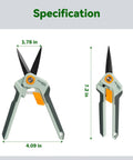 Garden Pruning Scissors For Precise Cuts With Sharp Stainless Steel Blade And Nonstick Teflon Coating Pro Grade Easy Grip Bonsai Clippers shown with dimensions.