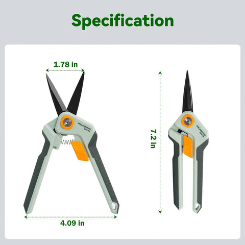 Garden Pruning Scissors For Precise Cuts With Sharp Stainless Steel Blade And Nonstick Teflon Coating Pro Grade Easy Grip Bonsai Clippers shown with dimensions.