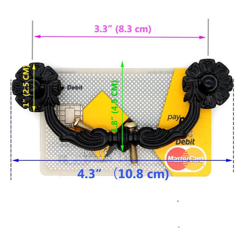 Six Pcs Vintage Black Drawer Pulls Handles Metal Bail Pulls placed over a credit card showing size and dimensions.