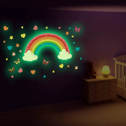 Glow In The Dark Large Rainbow Wall Decals With Stars Hearts And Butterflies Removable Watercolor Vinyl Sticker For Nursery