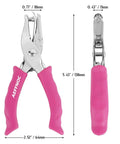 Front and side view of a pink one hole punch with soft grip handle for paper, showing dimensions, one quarter inch hole punch, with mess tray.