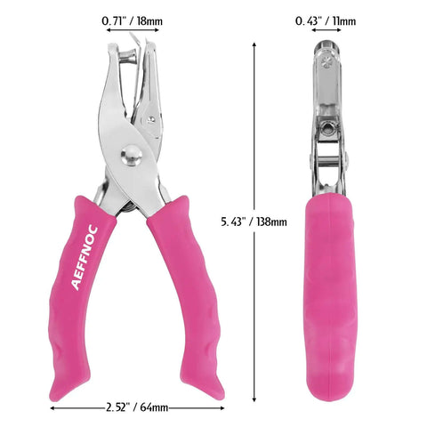 Front and side view of a pink one hole punch with soft grip handle for paper, showing dimensions, one quarter inch hole punch, with mess tray.
