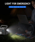 Person using Compact 200W Portable Power Station With 192Wh LiFePO4 Battery Solar Generator For Camping And Outdoors, light on.