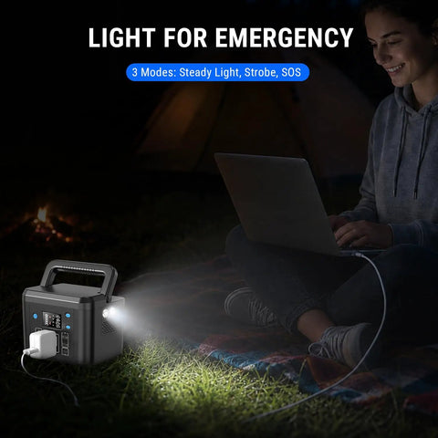 Person using Compact 200W Portable Power Station With 192Wh LiFePO4 Battery Solar Generator For Camping And Outdoors, light on.