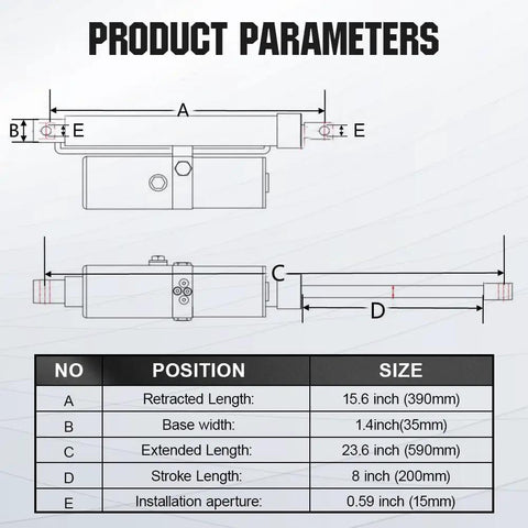 Product parameters diagram for Knockout Beefy Hydraulic Linear Actuator Generating A Tough 1700 Lbs Push Force With IP65 Rain Guard Setup For Trailer Ramps Farm Tool Hauls And Job Sites.
