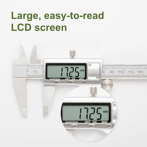 Beefy All Metal Digital Caliper With Zero To Eight Inch Range Auto Off LCD screen close-up showing measurements
