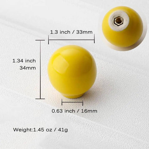 Bright Yellow Ceramic Dresser Knobs And Premium Drawer Pulls For Kitchen Cabinets Snag 8 Pack showcasing 1.3 inch round knob dimensions.