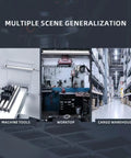 Heavy Duty LED Work Light For CNC Machines And Workshops, Explosion-Proof Garage Lighting in various settings including machine tools, worktop, and cargo warehouse.