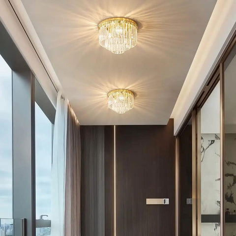 Lit French Gold Crystal Chandelier Ceiling Light 16 Inch Semi Flush Mount with five lights, three-tier design in modern room setting.