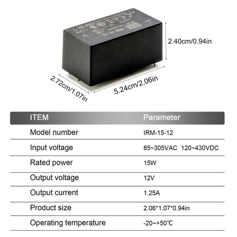 Heavy Lifter 12V Ac Dc Power Supply 15W Single Output With Compact Pcb Mount for Industrial Automation, dimensions shown.