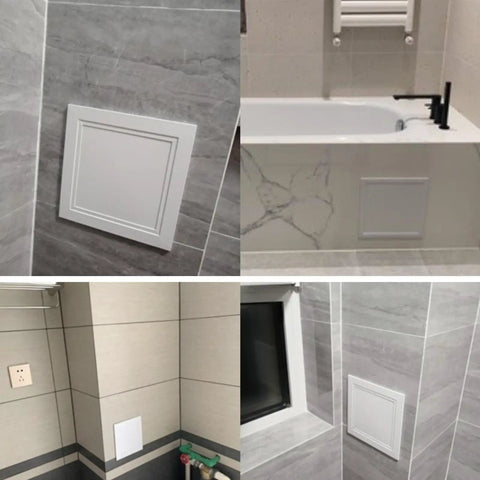 Rock Solid Aluminum Alloy Access Panel For Smooth Drywall Ceilings And Walls Snap Fit Invisible Vent Cover and Heavy Duty Hinged Door For Pain Free Plumbing Heating And Wiring Maintenance In 27 X 47 Inch Setup installed in various wall angles.