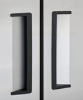 Close-up of handles on Commercial Two Door Reach In Freezer 54 Inch Wide 47 Cubic Foot Capacity Stainless Steel Double Door.