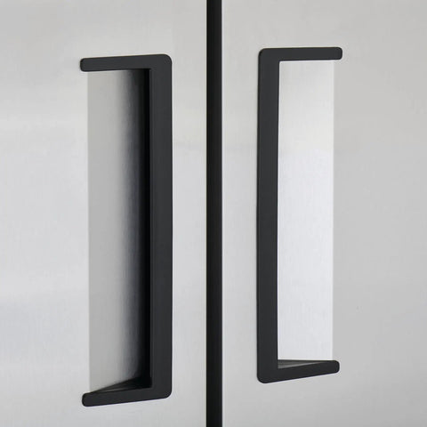 Close-up of handles on Commercial Two Door Reach In Freezer 54 Inch Wide 47 Cubic Foot Capacity Stainless Steel Double Door.