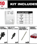 Top Tier 10pc Bi Metal Hole Saw Kit With Compact Case Featuring Cobalt Teeth Fast Plug Removal Heavy Duty Steel Blades For Tough Drilling Jobs And Professional Use kit contents