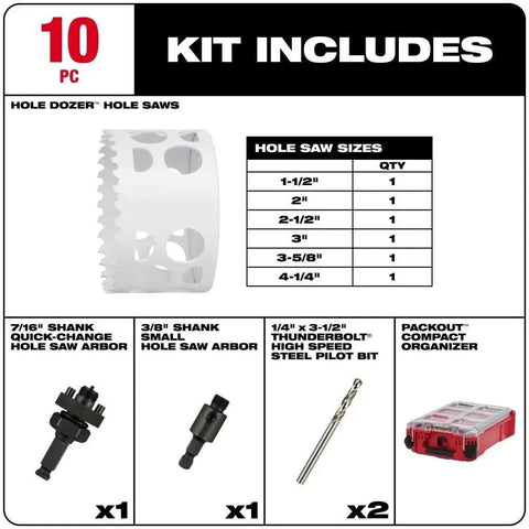 Top Tier 10pc Bi Metal Hole Saw Kit With Compact Case Featuring Cobalt Teeth Fast Plug Removal Heavy Duty Steel Blades For Tough Drilling Jobs And Professional Use kit contents