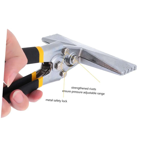 Beefy Multi-Functional Hand Seamer Tool With Electric Edge Folding Pliers for HVAC metal bending, showing ergonomic handles in use