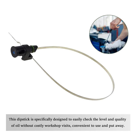 One Piece Car Transmission Oil Dipstick With 23 Point 8 Inch Stainless Steel Engine Oil Level Indicator Immersion Gauge For Most Models High Temperature Resistant Oil Dipstick No Leak Design Replaces OEM 31086 JA00A Black And Silver shown with close-up view of dipstick.