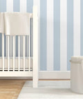 Easy Peasy Peel And Stick Wallpaper Removable Classic Traditional Linen Texture Wallcovering For Renters And Accent Walls in baby nursery with blue striped wall.