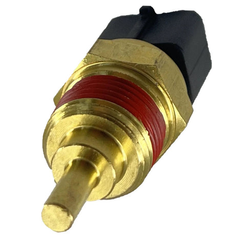 DEVMO coolant temperature sensor with brass body and red thread seal; black plastic connector, close-up view