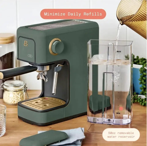 Rock Solid Compact Espresso Machine In Fresh Thyme Green with 50oz water reservoir and gold accents on kitchen countertop.