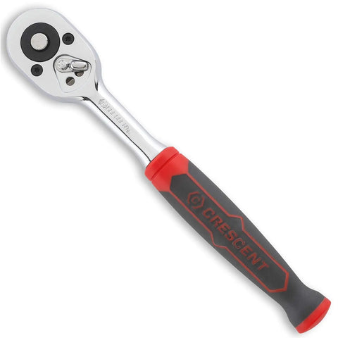 Half Inch Drive 72 Tooth Quick Release Teardrop Ratchet With Dual Material Grip for comfort, showing the chrome vanadium steel build