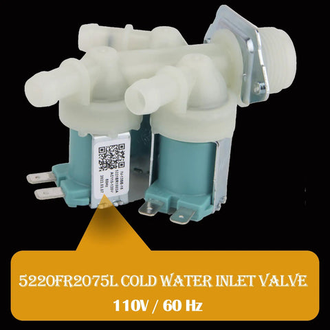 Cold Water Inlet Valve Replacement For Washer 5220FR2075L With 2 Outlets At 45 Degrees Left Fits LG Kenmore Models, shown with label.