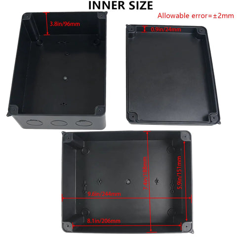 Hella Durable IP65 Waterproof ABS Junction Box Equipped With Two M24 Cable Glands For Heavy Duty Outdoor Electrical Setups And Custom Electronic Project Enclosures Premium Black Measuring Ten By Seven Point Nine By Four Point Seven Inches inner size measurements of black junction box.