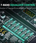 Close-up of 4 Channel DJ Mixer With Bluetooth, USB MP3 Input, 256 DSP, 48V Phantom Power showing 7-band graphic equalizer